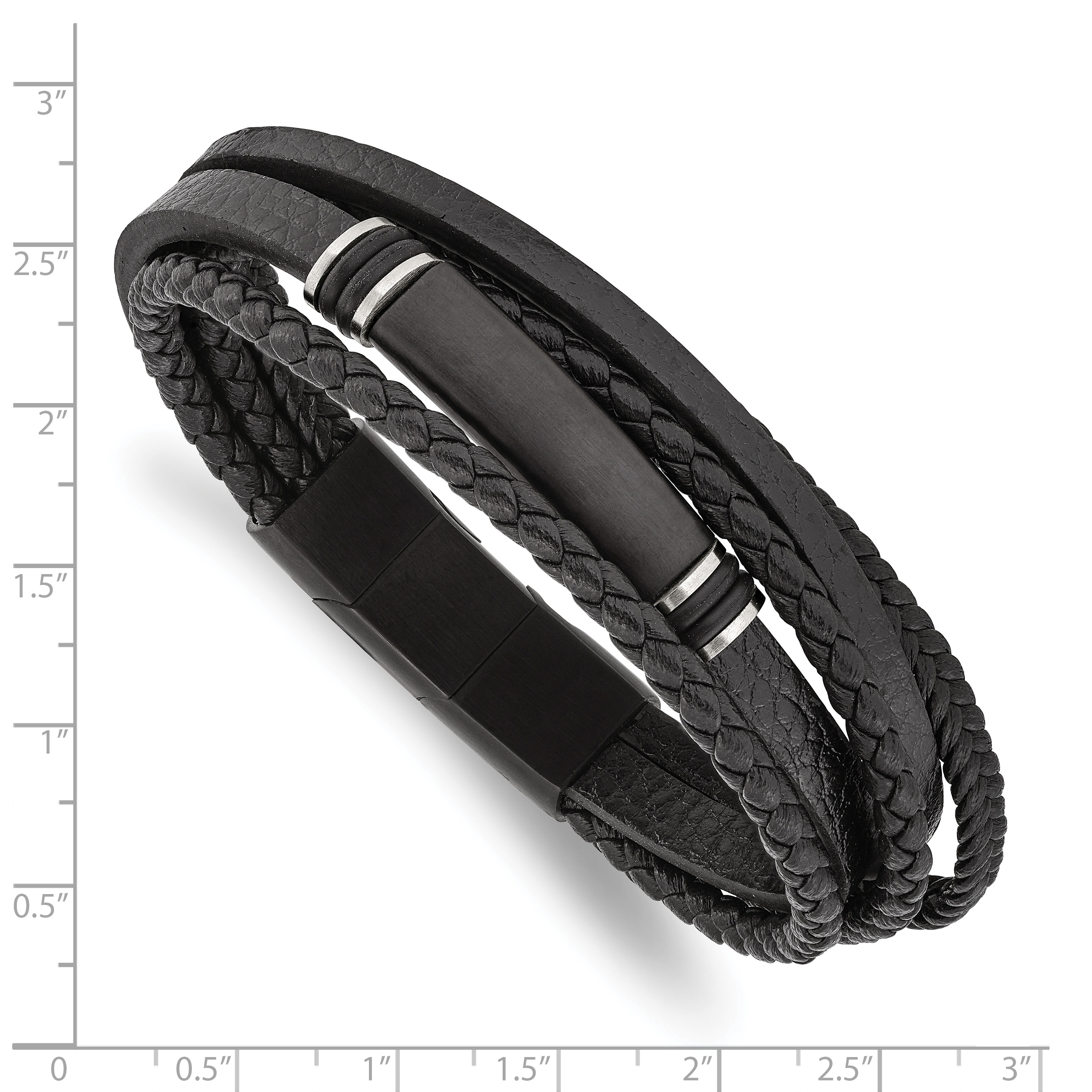 Lex & Lu Stainless Steel Brushed Black IP PU Leather/Rubber 8