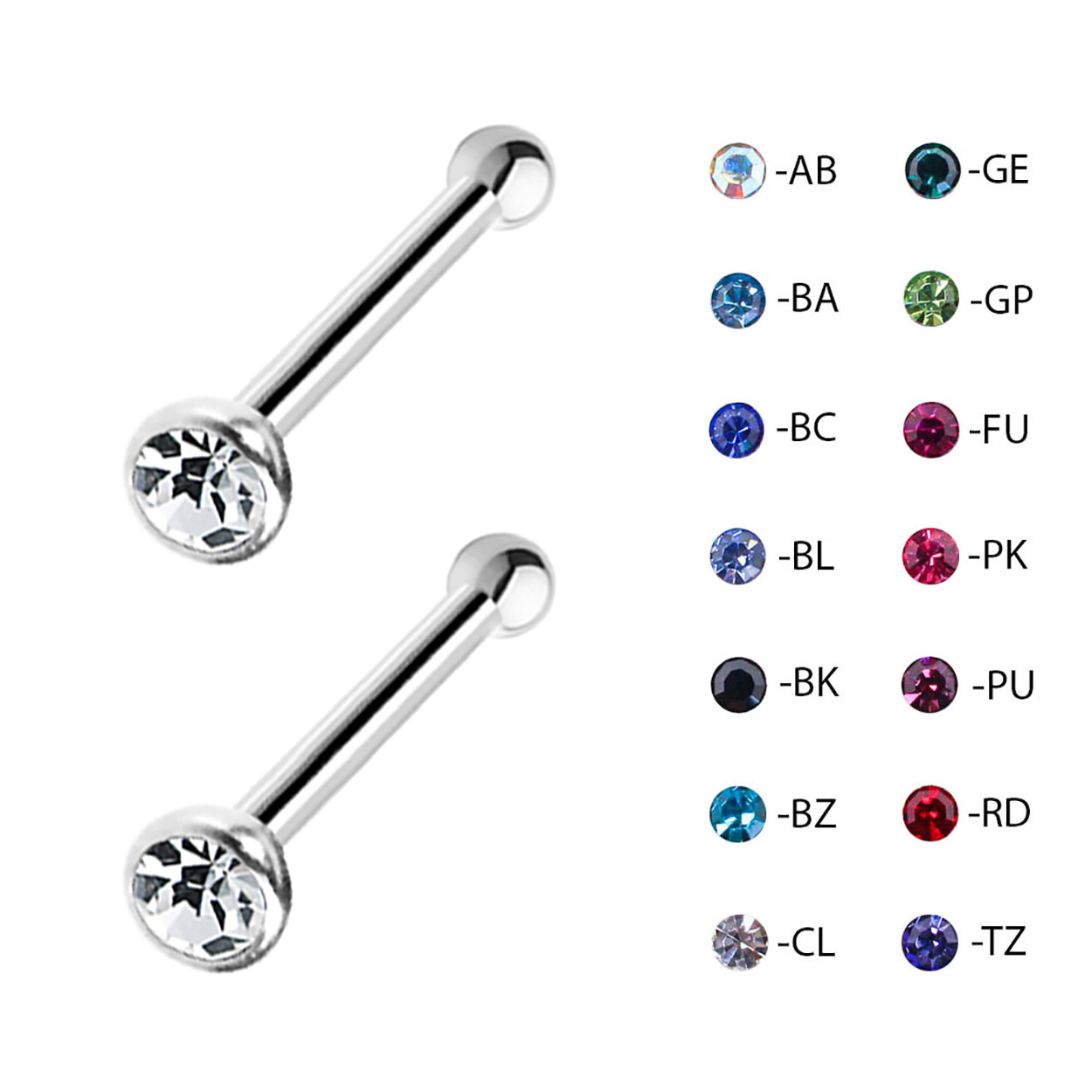 Pair of Steel Crystal CZ Gem Nose Bone Stud Ring Body Piercing 18 Gauge